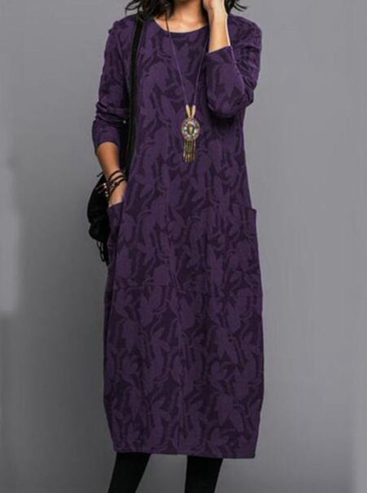 Damen nan locker geschnittenes Midikleid aus Feinstrick mit Ton-in-Ton-Jacquard, Rundhalsausschnitt und seitlichen Eingrifftaschen Drune