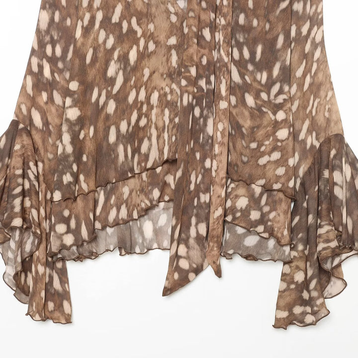Damen Chiffon-Bluse mit Schluppe, V‑Ausschnitt und mehrlagigem Volantsaum Drune