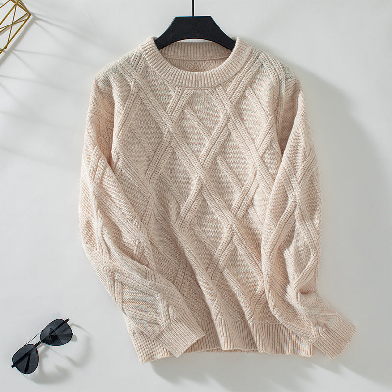 Damen nan grobstrukturierter Strickpullover mit großem Rautenmuster, geripptem Saum und Rundhalsausschnitt Drune