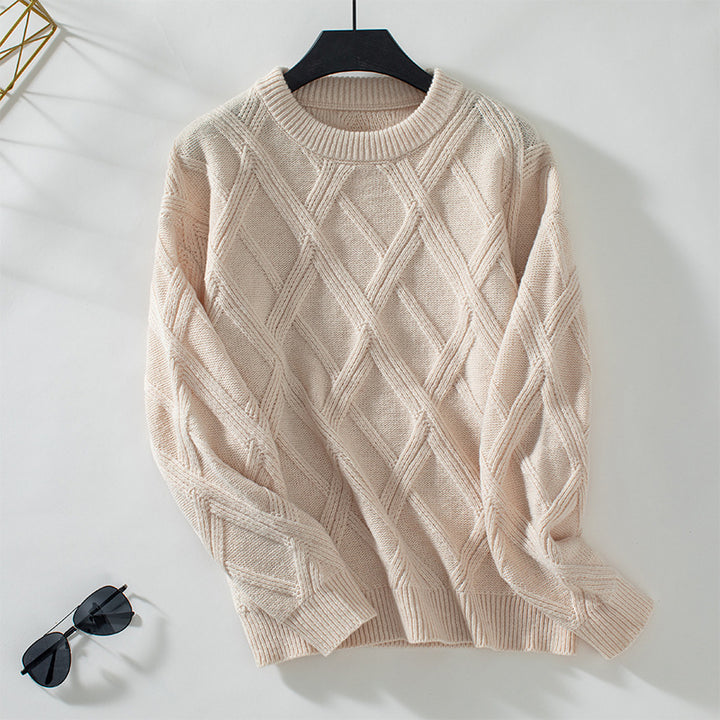 Damen nan grobstrukturierter Strickpullover mit großem Rautenmuster, geripptem Saum und Rundhalsausschnitt Drune