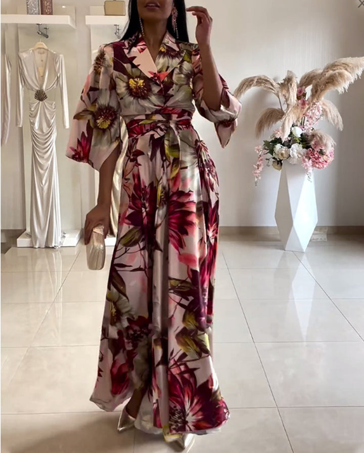 Damen nan Maxikleid mit Reverskragen, Kimonoärmeln und taillierendem Bindegürtel Drune
