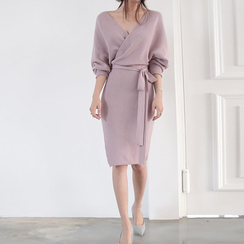 Damen Strickkleid mit Wickeloptik und knöpfbarem Gürtel Drune