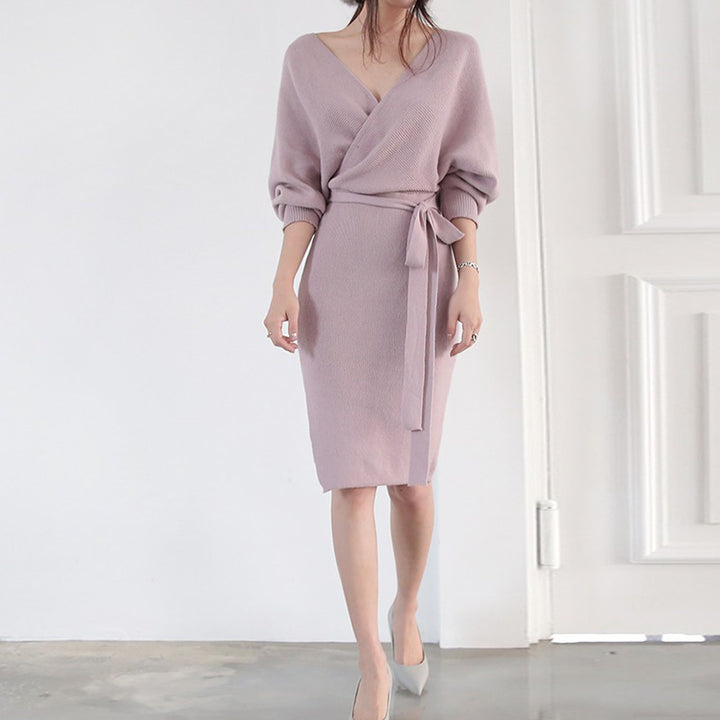 Damen Strickkleid mit Wickeloptik und knöpfbarem Gürtel Drune