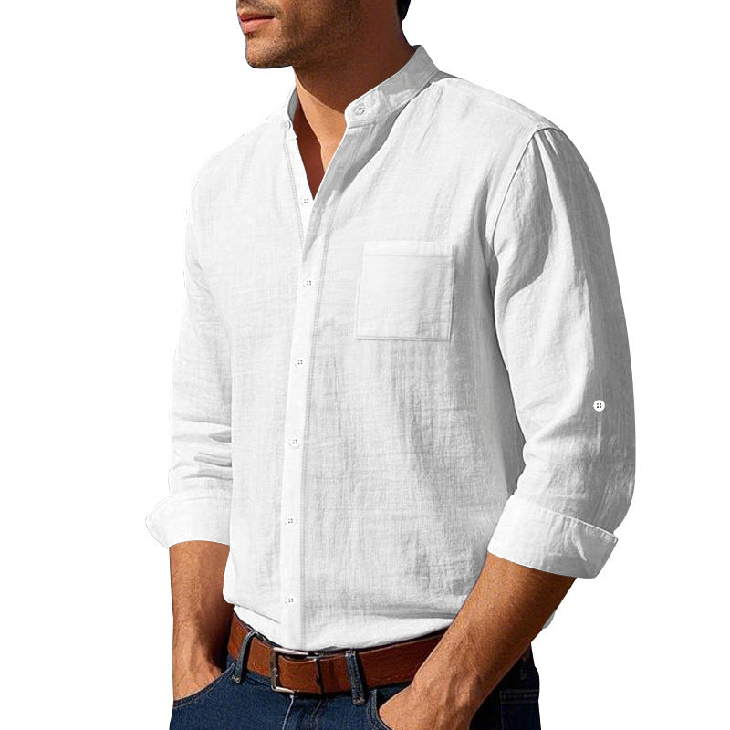 Herren nan leichtes Leinenhemd mit Stehkragen und aufgesetzter Brusttasche in regular Fit Drune