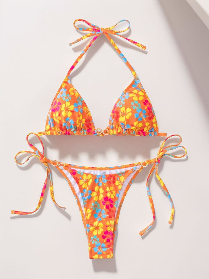 Damen Triangel-Bikini mit raffinierten Bindebändern und farbenfrohem Blumenmuster Drune