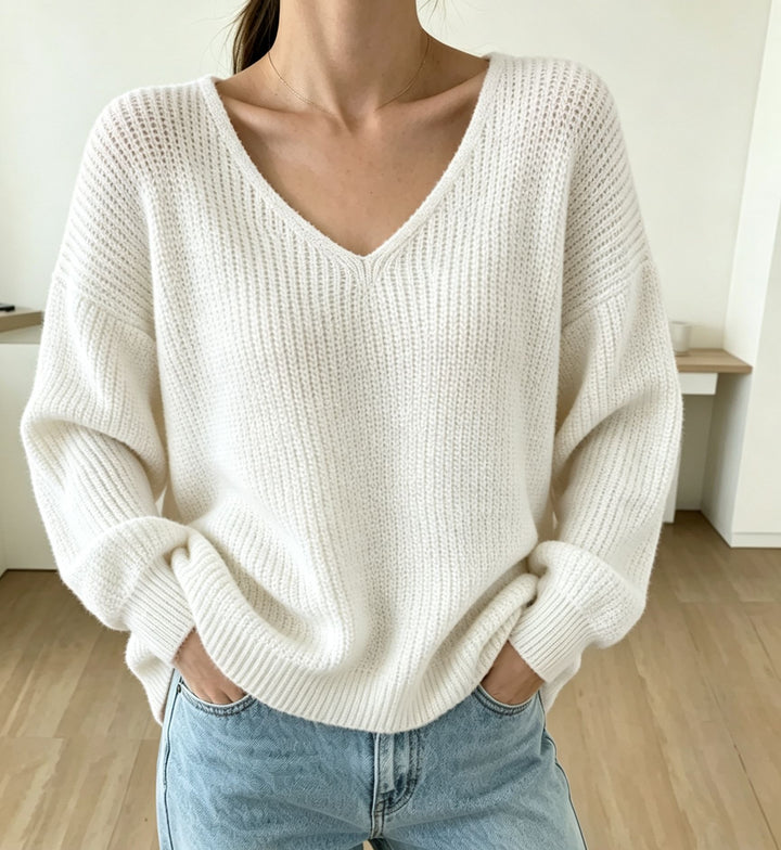 Damen Lässiger Boxy-Grobstrickpullover mit V-Ausschnitt und gerippten Bündchen Drune