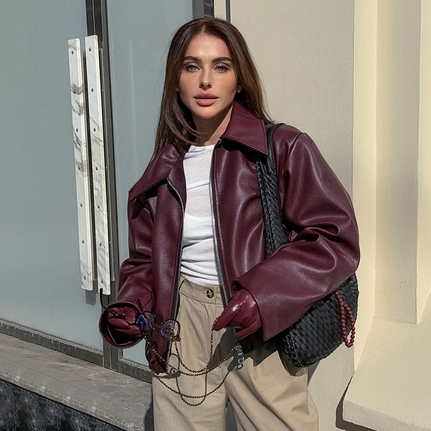 Damen Kunstlederjacke mit weitem Schnitt und feinem Kragen Drune