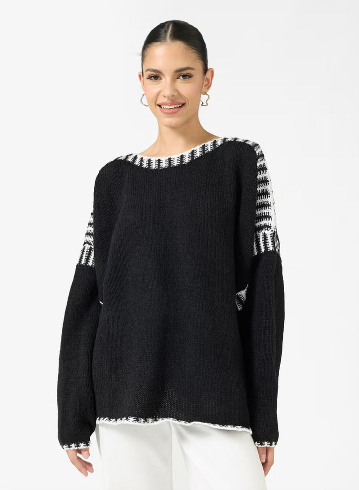 Damen Oversize Grobstrickpullover mit Kontraststreifen an Schultern und Saum Drune