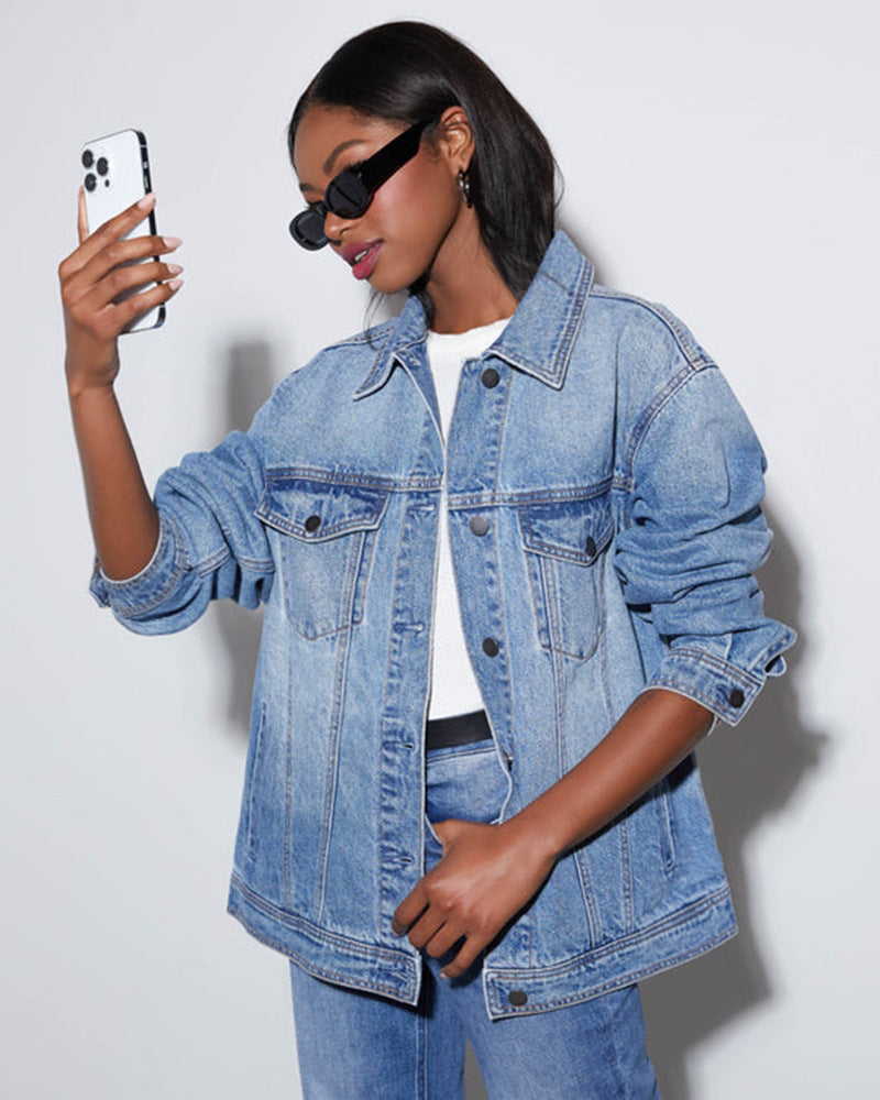 Damen Oversized Denimjacke im lässigen Schnitt mit aufgesetzten Taschen Drune