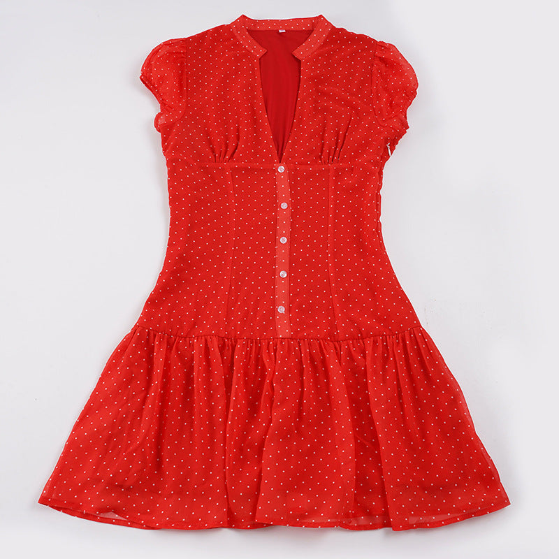 Damen verspieltes Polka Dot Kleid mit knopfbarem Ausschnitt und voluminösem Saum Drune