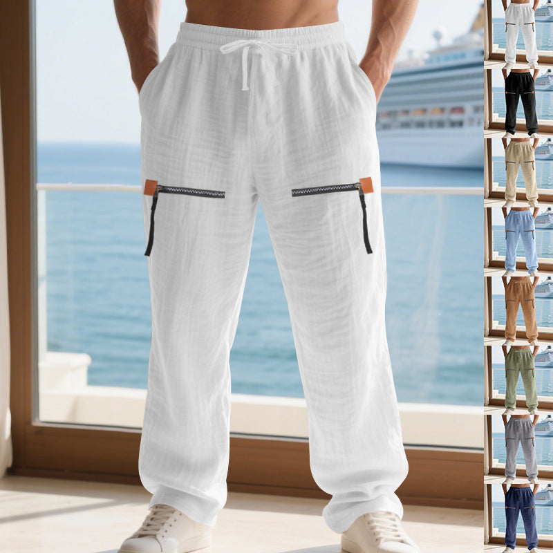 Herren Lässige Leinenoptik-Freizeithose mit elastischem Bund, Tunnelzug & Reißverschluss-Cargotaschen Drune
