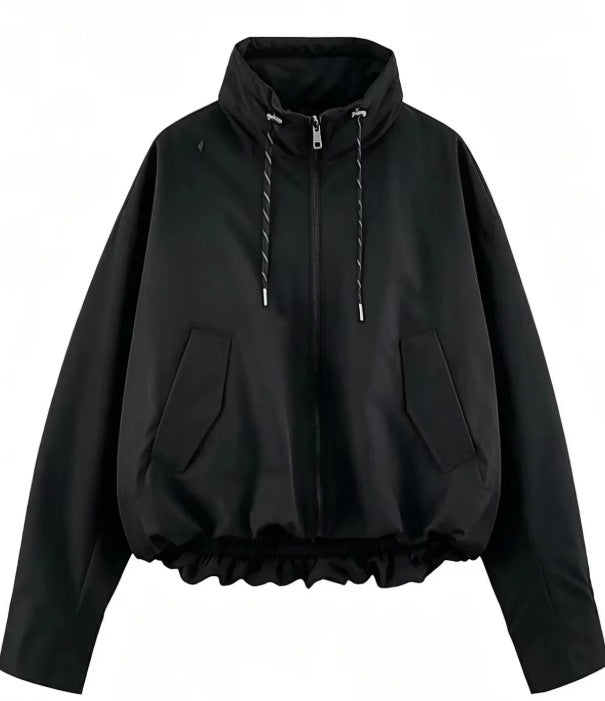 Damen Oversize Cropped Kapuzenjacke mit durchgehendem Reißverschluss, Kordelzug und gerafftem Saum Drune