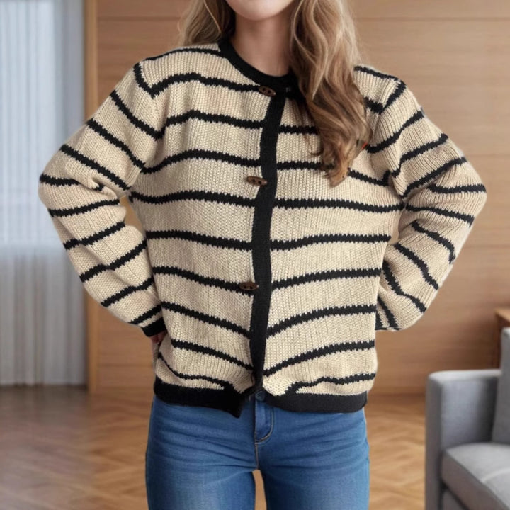 Damen lässiger Strickcardigan mit eleganten Holzknopfdetails und stilvollem Streifenmuster Drune
