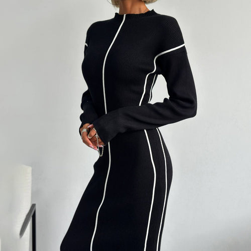 Damen schlankes Midikleid mit Stehkragen, vertikalen Kontrastnähten und Langarm-Rippstrick Drune