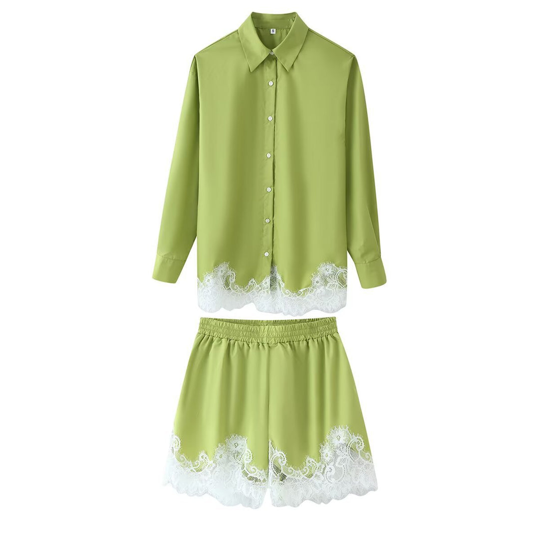 Damen Zweiteiliges Satin-Schlafanzug-Set mit Spitzenbesatz und Hemdjacke Drune