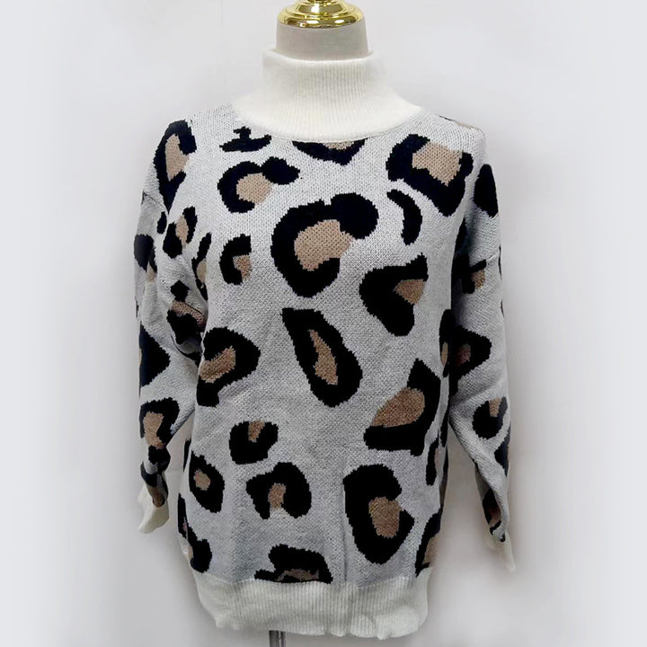 Damen Oversize Rollkragenpullover mit Leo-Jacquard und Rippbündchen Drune