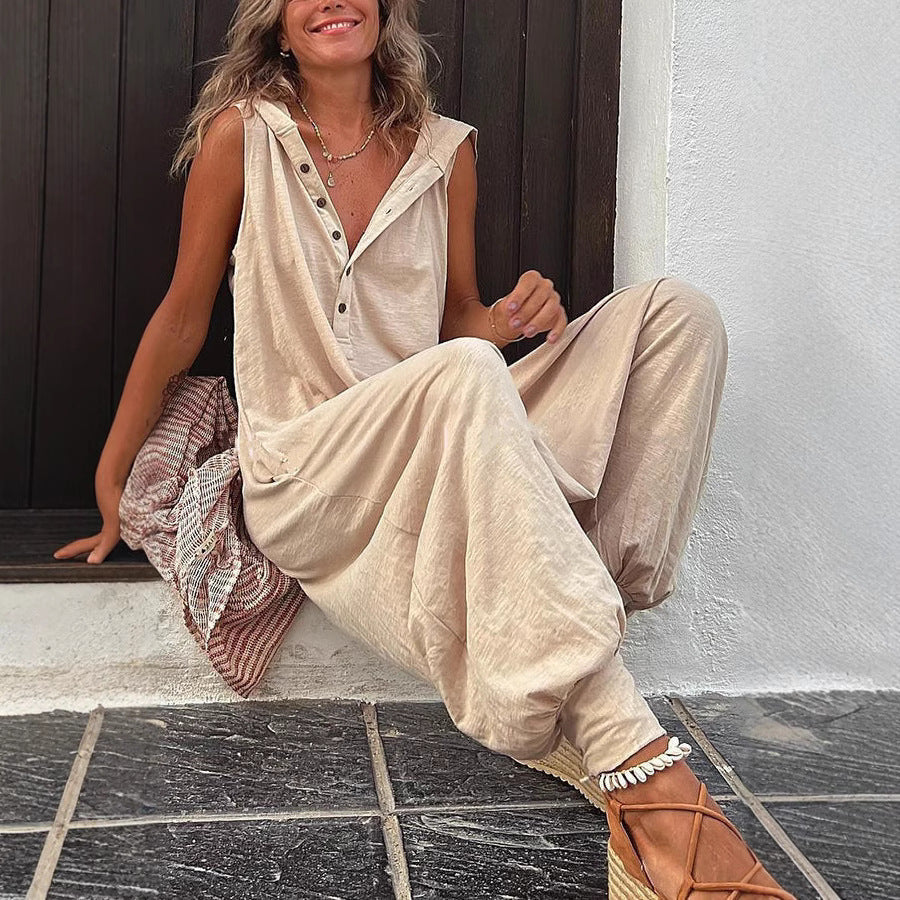 Damen Lässiger Jumpsuit mit Kapuze und Knopfverschluss Drune