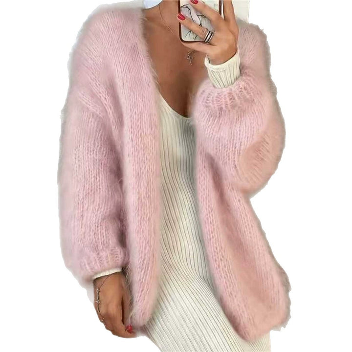 Damen Flauschiger Oversize Mohair-Optik Cardigan mit offenem Schnitt und Ballonärmeln Drune
