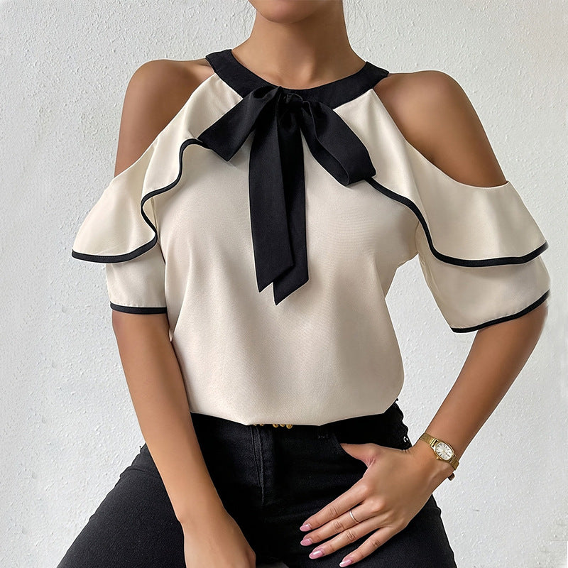 Damen Elegantes Oberteil mit Rüschendetails und Schleifen-Ausschnitt Drune