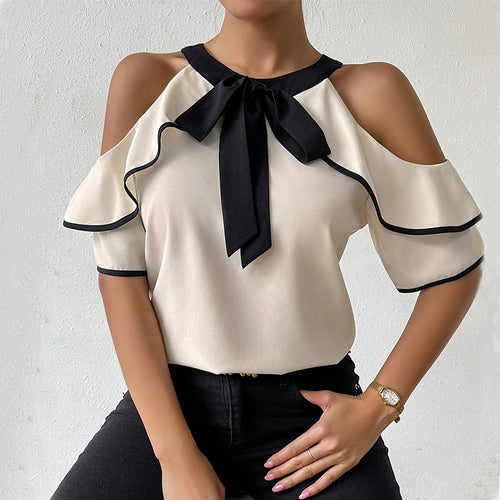 Damen Elegantes Oberteil mit Rüschendetails und Schleifen-Ausschnitt Drune