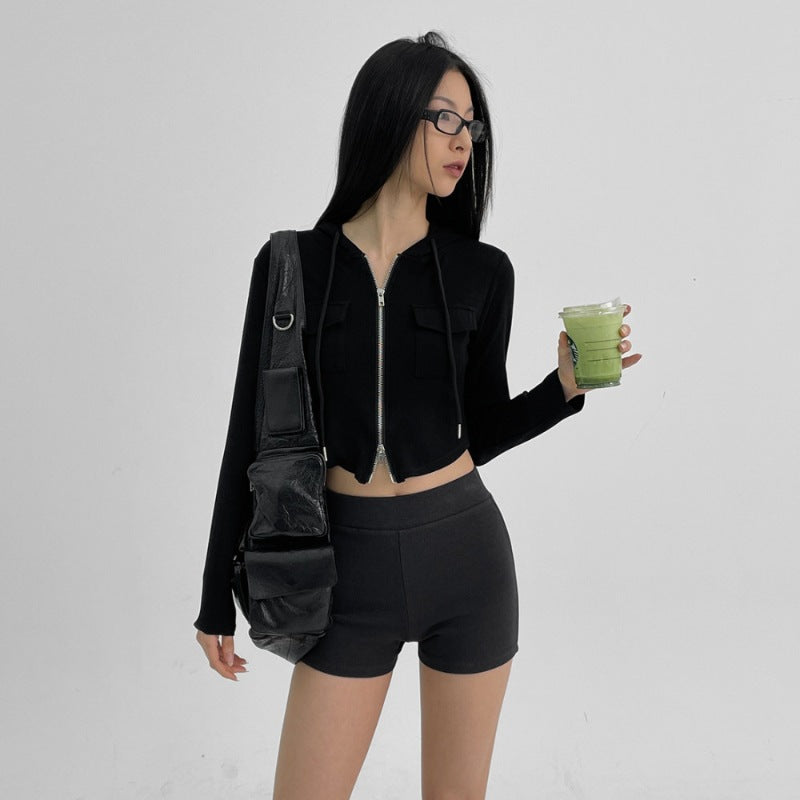 Damen cropped Freizeitjacke mit Reißverschluss und Kapuze Drune