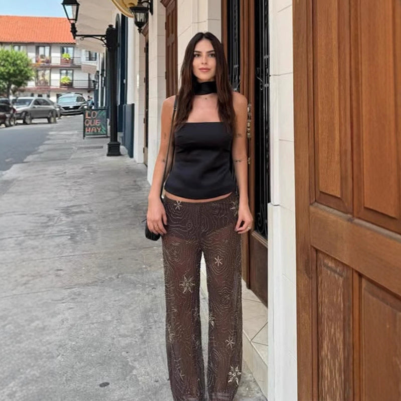 Damen elegante transparente Palazzohose mit funkelnden Applikationen Drune