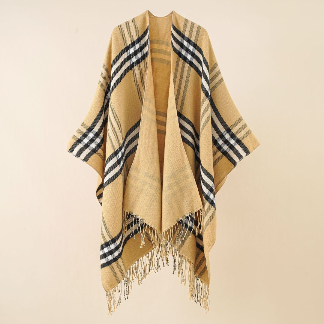 Damen Oversize-Umhang mit Karomuster, Fransen und Wolloptik Drune