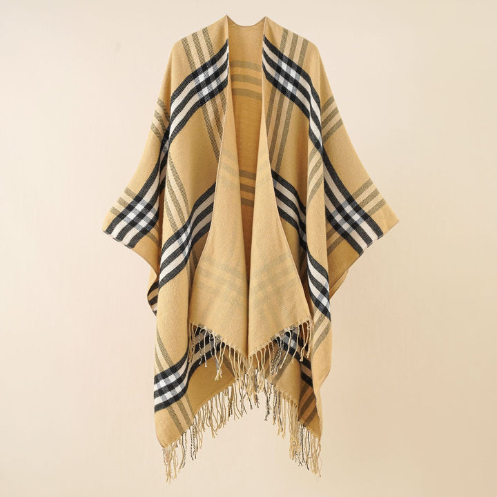 Damen Oversize-Umhang mit Karomuster, Fransen und Wolloptik Drune
