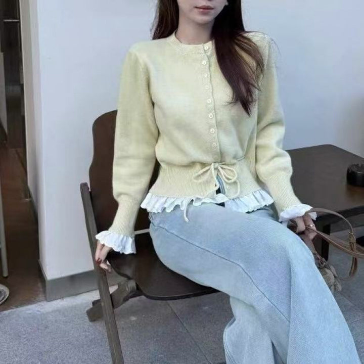 Damen Strickjacke mit Rüschen und Taillenbindung Drune