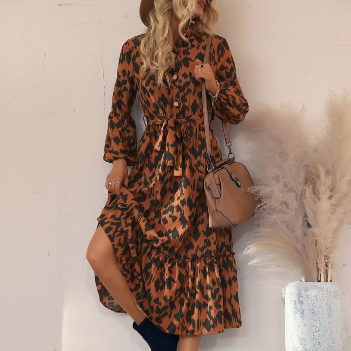 Damen Midikleid mit Animal-Print, Knopfleiste, Taillengürtel und Stufenrock Drune