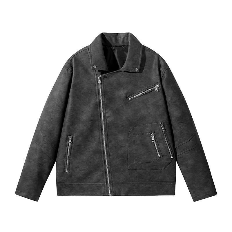 Herren Modische Lederjacke mit asymmetrischem Reißverschluss Drune