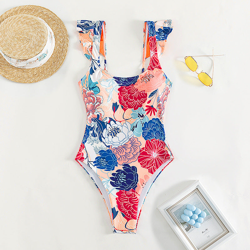 Damen Einteiler Badeanzug mit Blumenmuster und Rüschendetails Drune