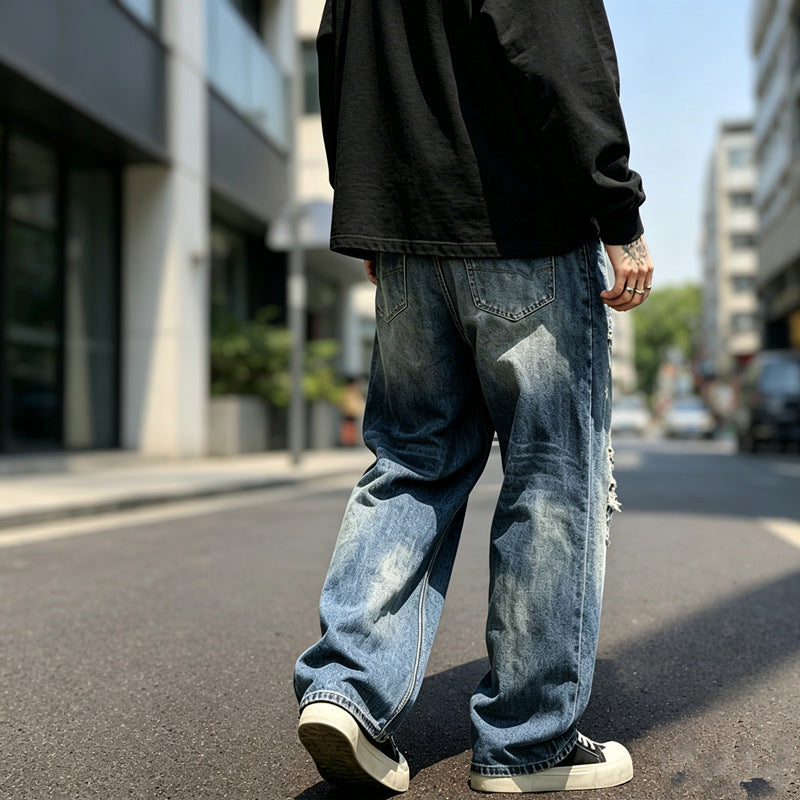 Herren Lässige Weit Geschnittene Ripped Jeans Drune