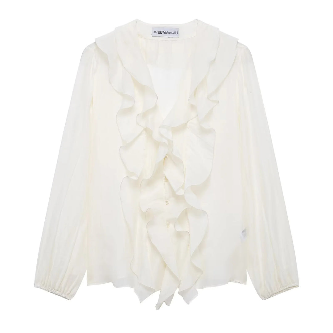 Damen nan Rüschige Chiffonbluse mit V-Ausschnitt, durchgehender Knopfleiste und Volant-Details Drune