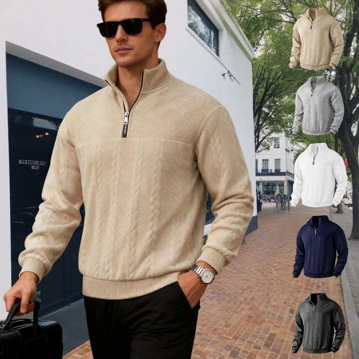 Herren Grobstrick-Halbzip-Pullover mit Zopfmuster und Stehkragen Drune