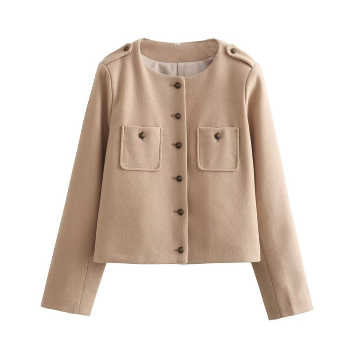 Damen nan kurz geschnittene Boxy-Wollmix-Jacke mit Rundhalsausschnitt, aufgesetzten Brusttaschen und Schulterpatten Drune
