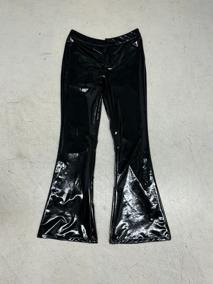 Damen nan hochglänzende Lackhose mit hoher Taille, figurbetonter Oberschenkelpassform und weitem Schlag Drune