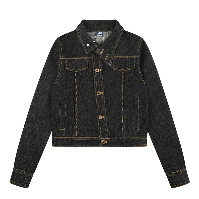Damen Kurze kastige Jeansjacke mit Kontrastnähten und Brustklappen Drune
