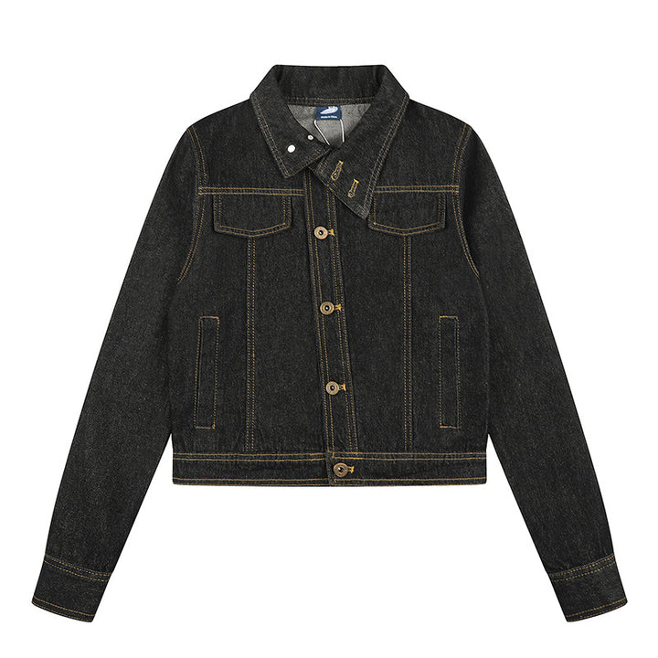 Damen Kurze kastige Jeansjacke mit Kontrastnähten und Brustklappen Drune