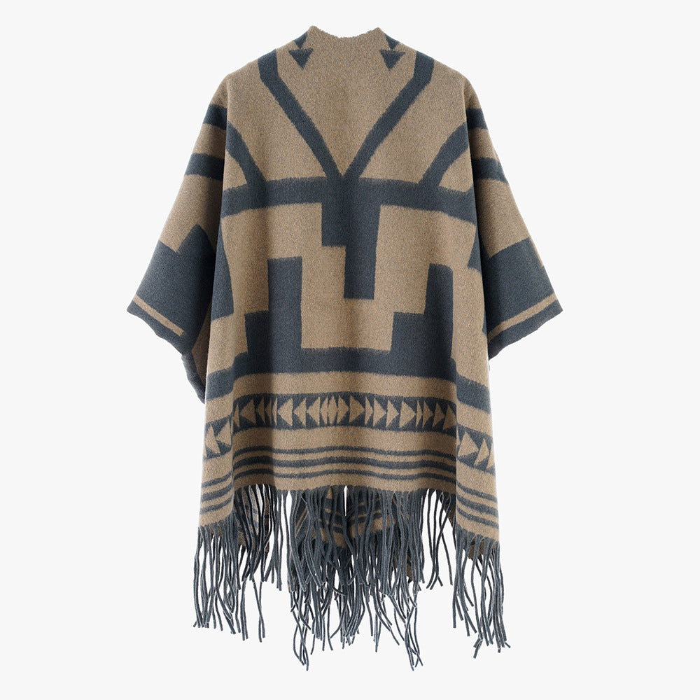 Damen Aztekisch inspirierter Wollmix-Überwurf mit asymmetrischem Fall und Fransensaum Drune