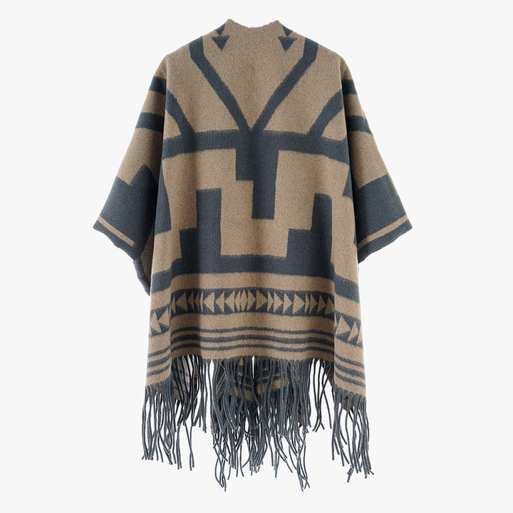 Damen Aztekisch inspirierter Wollmix-Überwurf mit asymmetrischem Fall und Fransensaum Drune