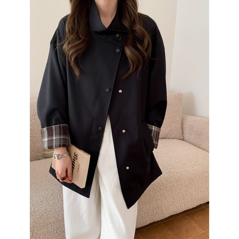 Damen Oversized Kurzjacke mit Druckknopfleiste und karierter Ärmelaufschlag Drune