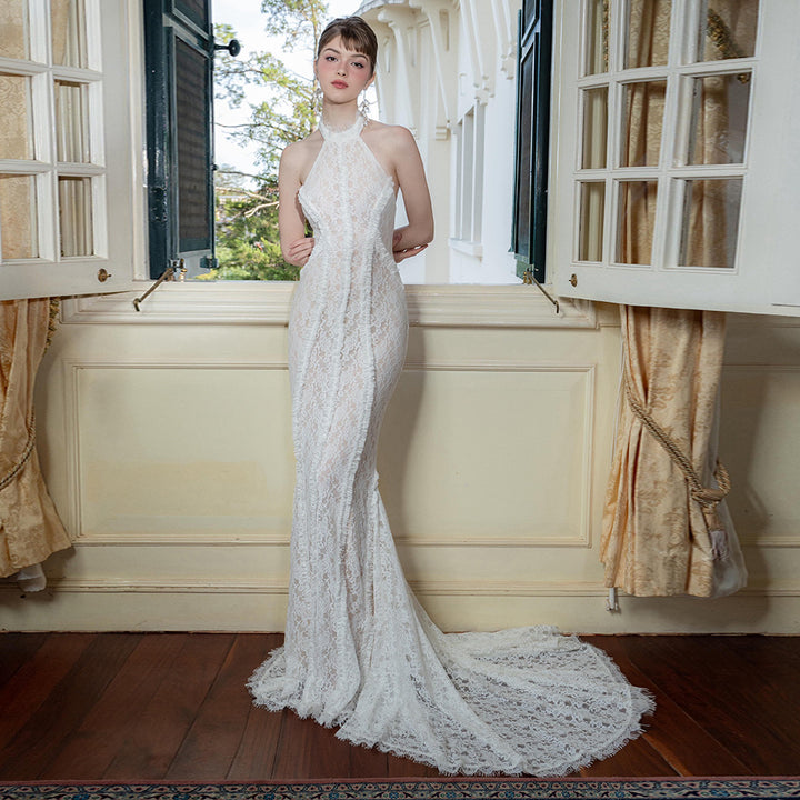 Damen Hochwertiges Spitzenabendkleid mit elegantem Kragen und transparenten Details Drune