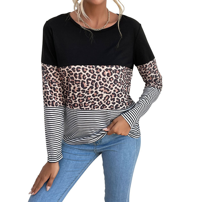 Damen Colorblock-Langarmtop mit Leoparden- und Streifenmix Drune