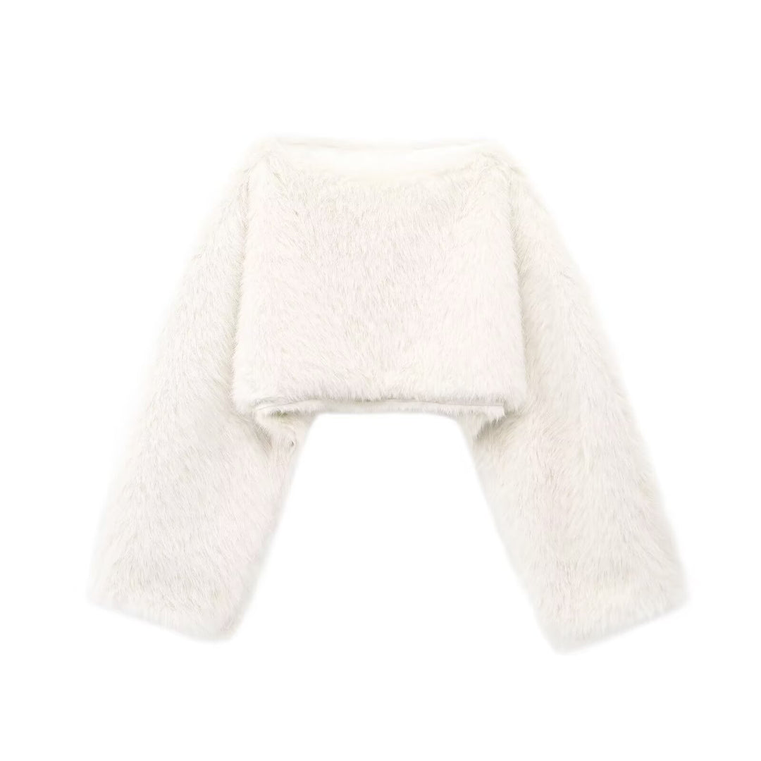 Damen nan kuscheliger Cropped-Fellpullover mit weitem Bootneck und voluminösen Ärmeln Drune