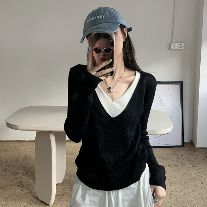 Damen Strickpullover mit V-Ausschnitt und eleganten Rippdetails Drune