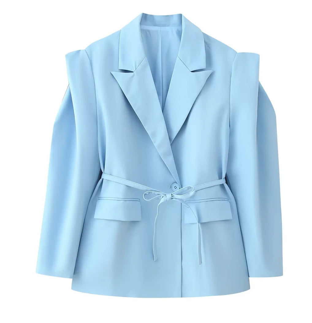 Damen elegante Blazerjacke mit tailliertem Schnitt und Bindegürtel Drune