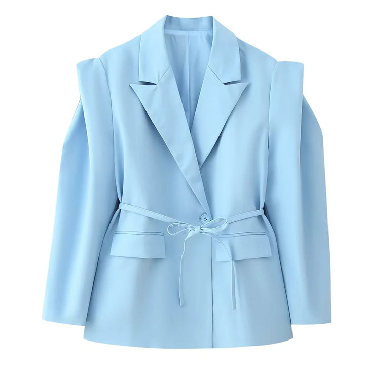 Damen Blazer mit Schulter-Cutouts, Taillengürtel und Ein-Knopf-Verschluss Drune