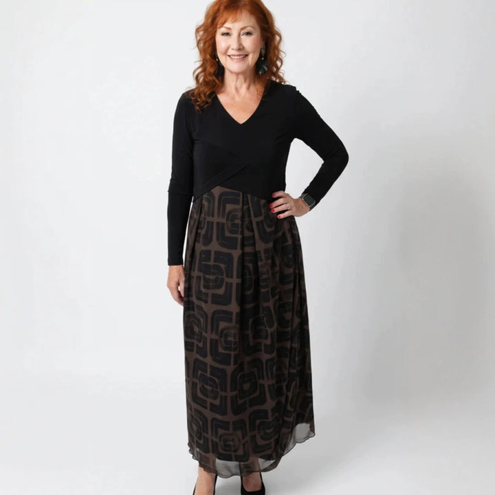Damen nan V-Ausschnitt Maxikleid mit tailliertem Wickeloberteil und transparentem gemustertem Overlayrock Drune