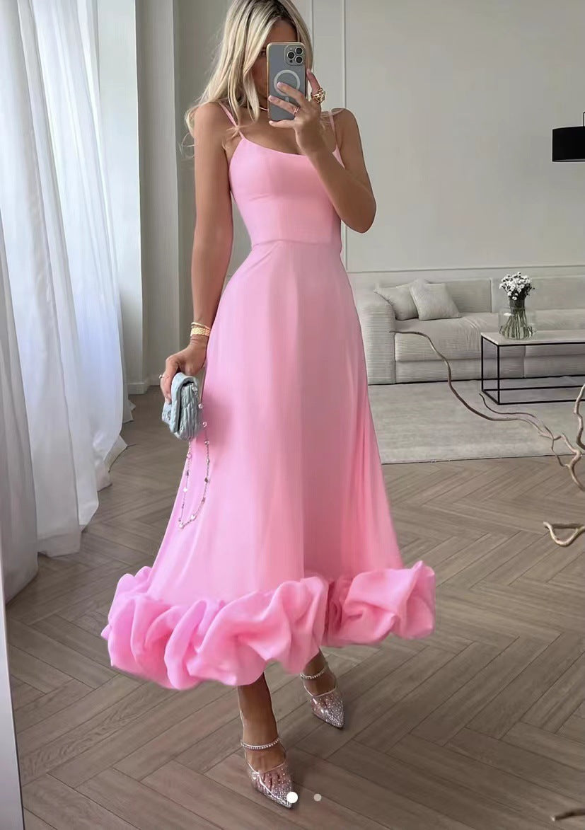 Damen Midi-Kleid mit zarten Spaghetti-Trägern und voluminösem Rüschensaum Drune